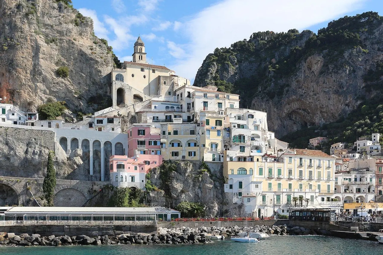 Amalfi Coast town cascading down a cliffside to the sea